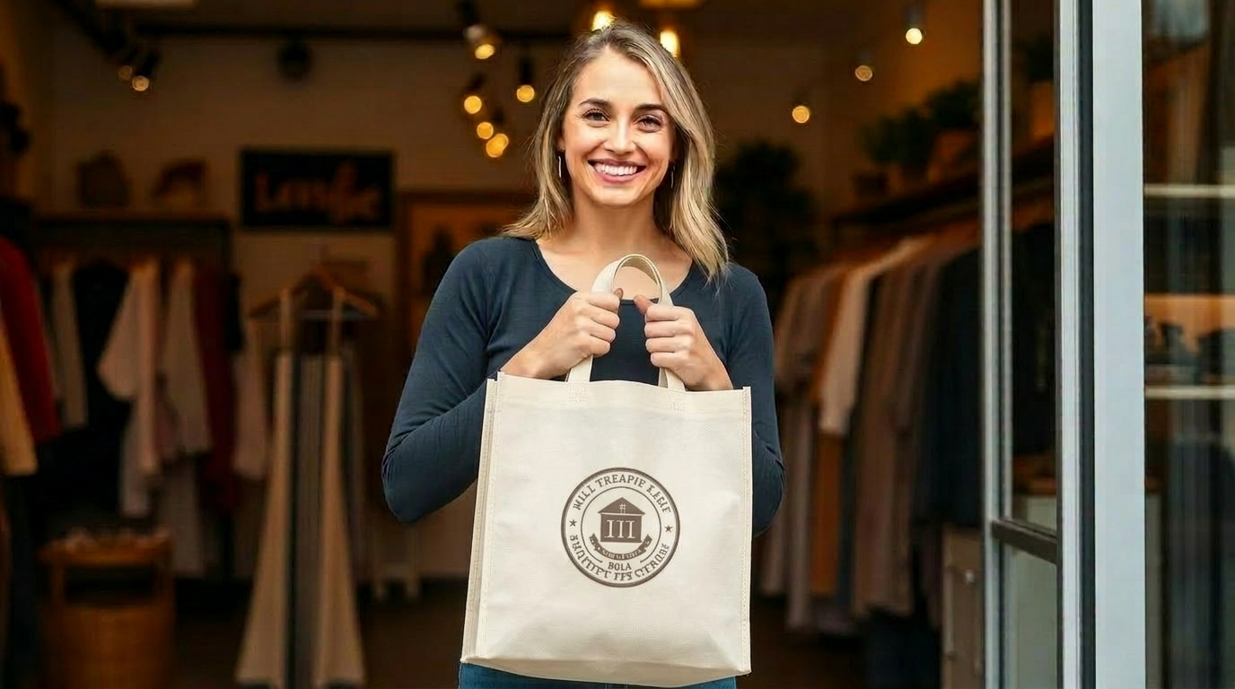 Propriétaire de petit commerce tenant un sac à l'image de sa marque