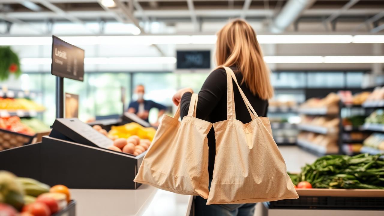 Cliente utilisant des sacs réutilisables non tissés à la caisse d'une épicerie au Québec