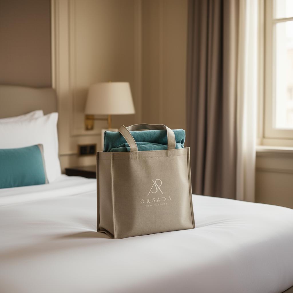 Sac réutilisable personnalisé déposé sur un lit dans une chambre d'hôtel élégante en guise de cadeau-souvenir