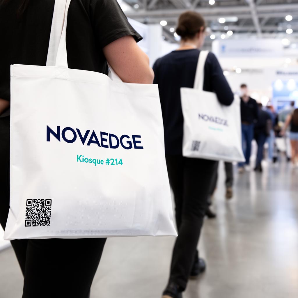 Visiteurs portant des sacs non tissés imprimés avec un numéro de kiosque sur le plancher d'un salon