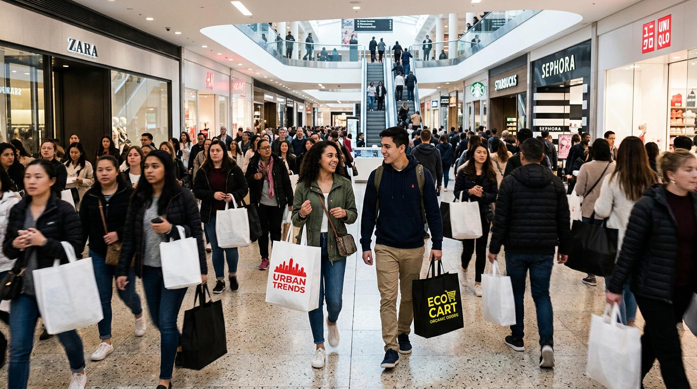 Clients portant des sacs à l'image de marques dans un centre commercial