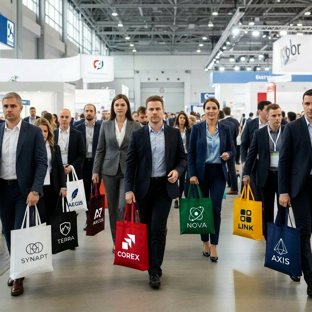 Visiteurs d'un salon commercial portant des sacs promotionnels personnalisés